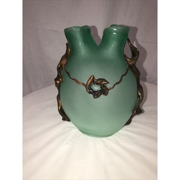 Vintage HandmadeArt Glass Vase Prominent Rustic Metal Coated Green